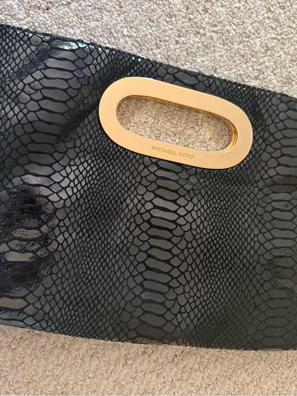 MICHAEL Michael Kors Black Snakeskin-Embossed Clutch with Gold Oval Handle